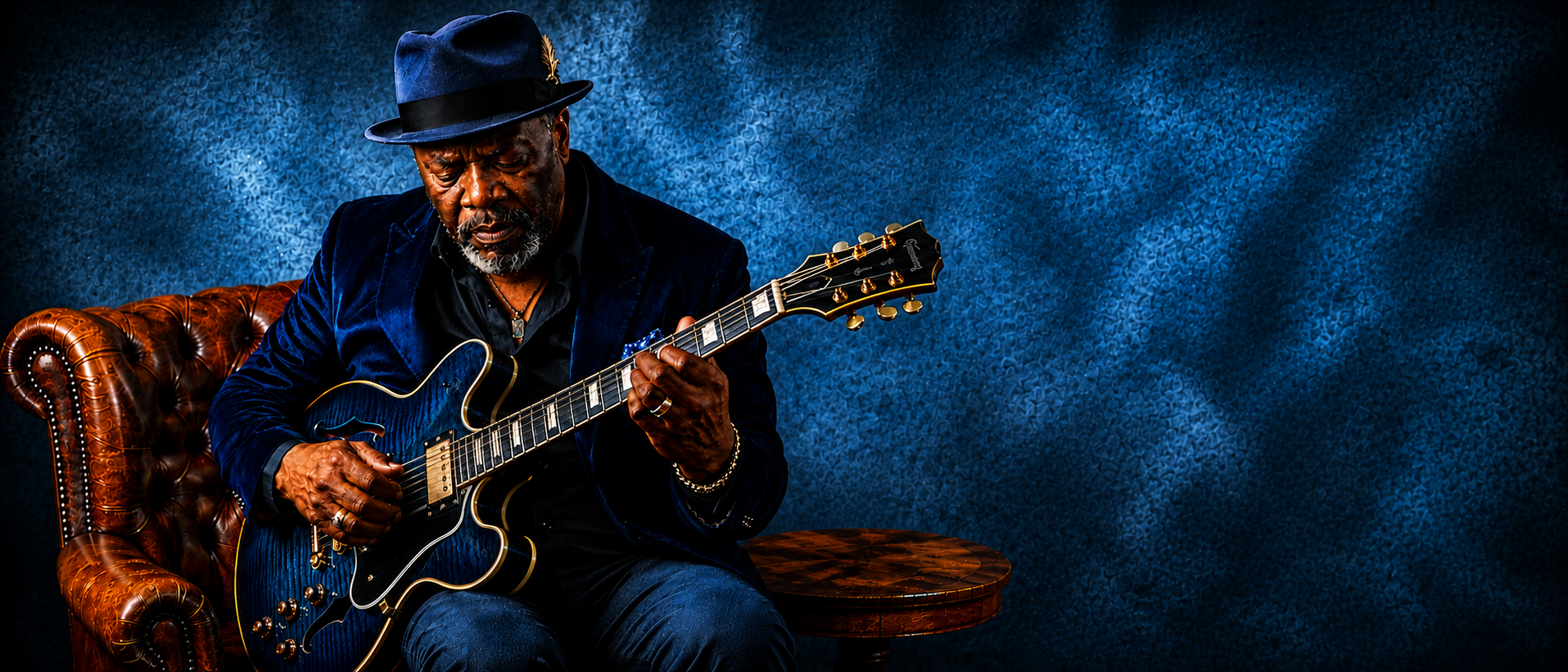 James Blues Turner seated with his guitar in low blue light